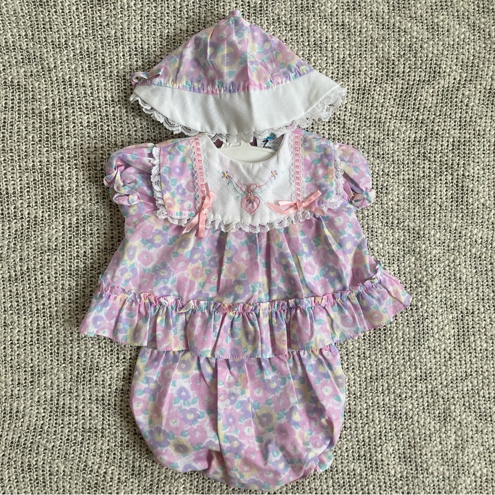 Vintage Cradle Togs 3pc Floral Baby Set Dress, Bloomers & Hat Size 9 Months NWOT